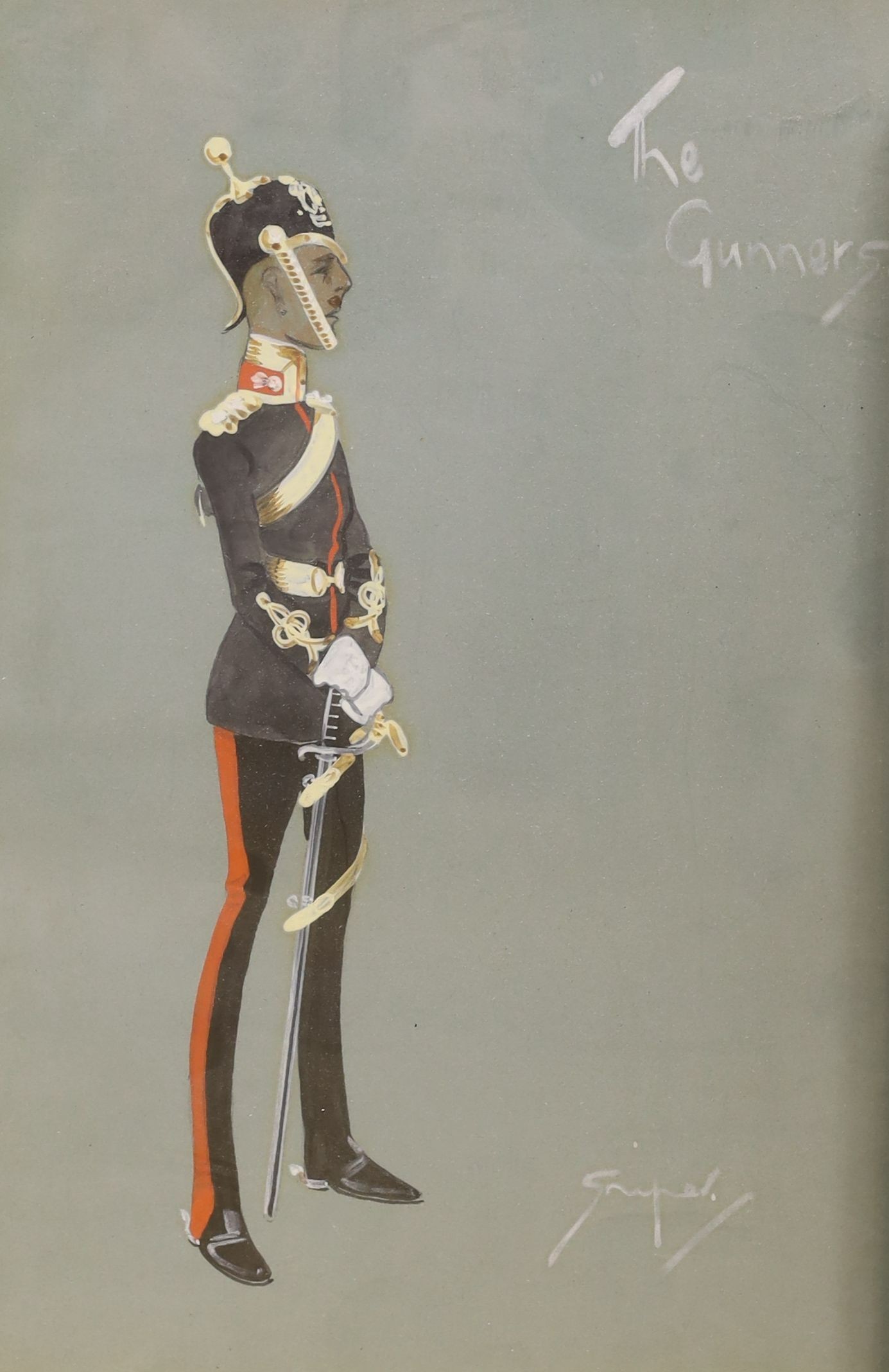 C.A. Collins, watercolour, Officer of the Rifle Brigade 1899, signed and dated 1971, 21 x 16cm and earlier watercolour caricature, The Gunners by Sniper, 34 x 26cm
